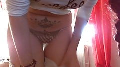 Tight pants and a nice deepthroat dildo blowjob